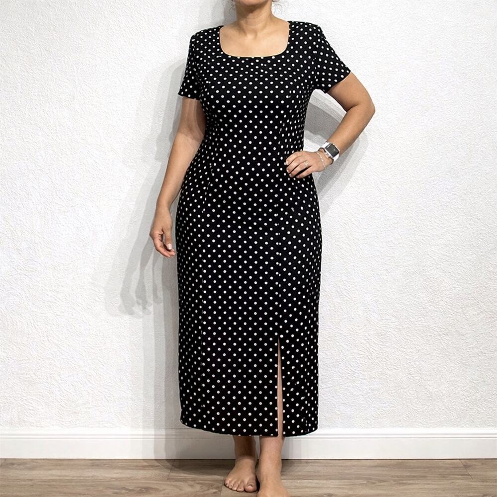 Worthington Black White Polka Dot Slit Y2K Maxi Dress Sz 14